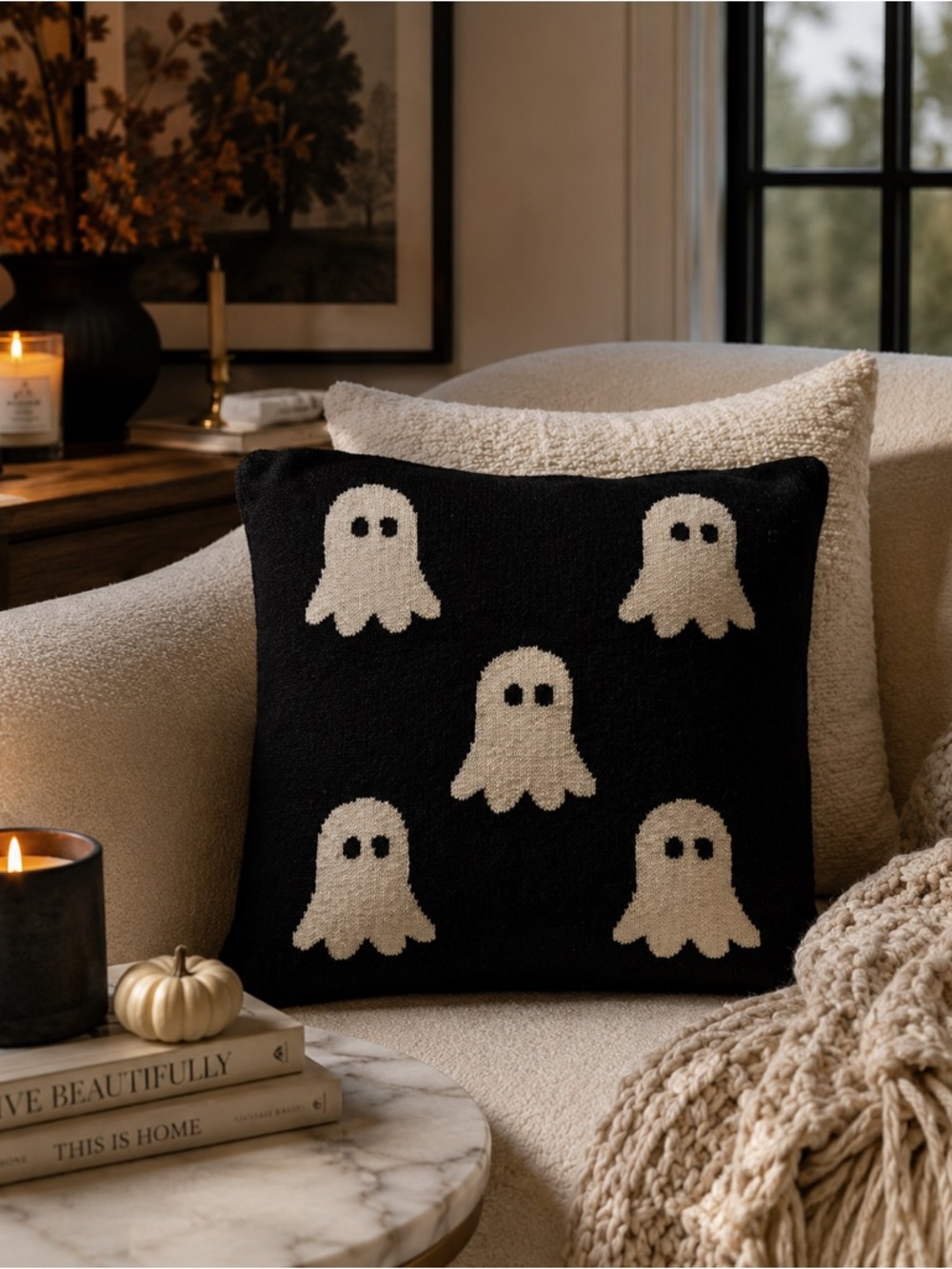 Storehouse Ghost Knit Pillow Cover Black Cream Halloween Cozy Décor 20”